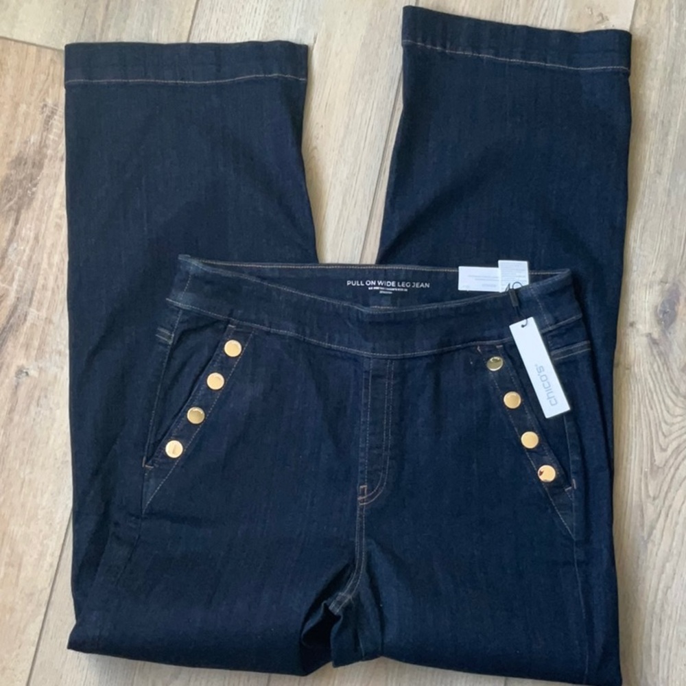 NWT Chico’s Wide Leg Pull On Jeans Crestone Peak Rinse Size 12 Modern Nautical - Picture 6 of 12